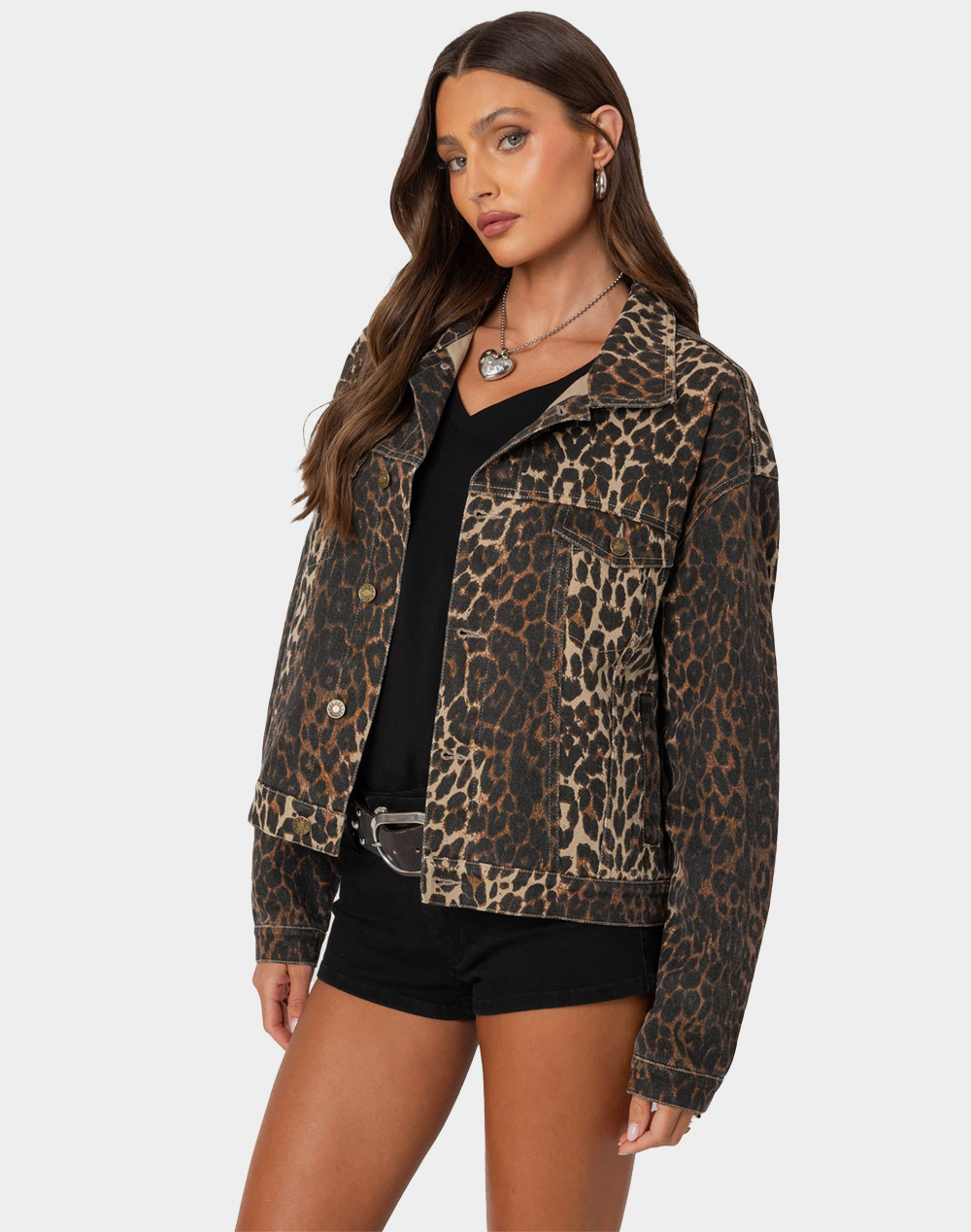 EDIKTED Leopard Print Denim Jacket - ORANGE