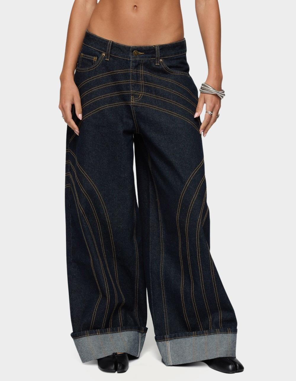 EDIKTED Cuffed Low Rise Wide Leg Jeans - DARK BLUE