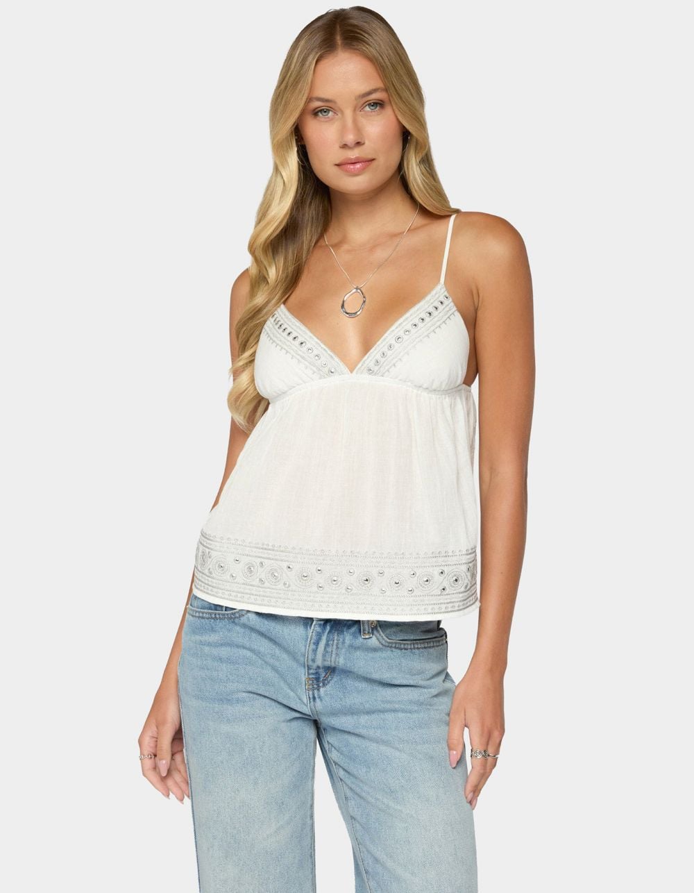 EDIKTED Shilah Embroidered Cotton Babydoll Top - WHITE