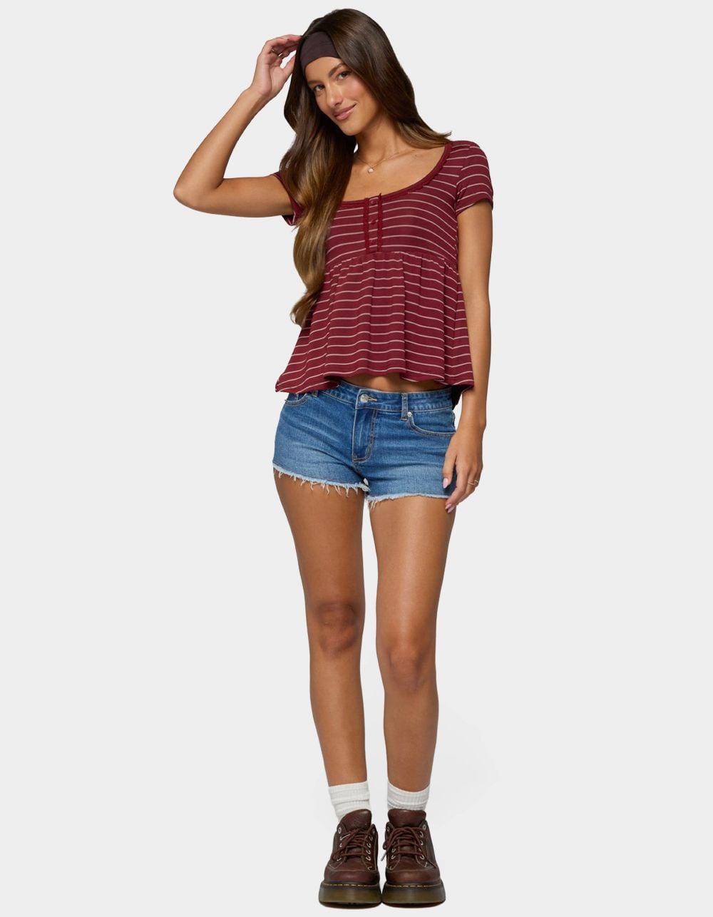 EDIKTED Jina Lacey Striped Babydoll Henley Top - DK RED