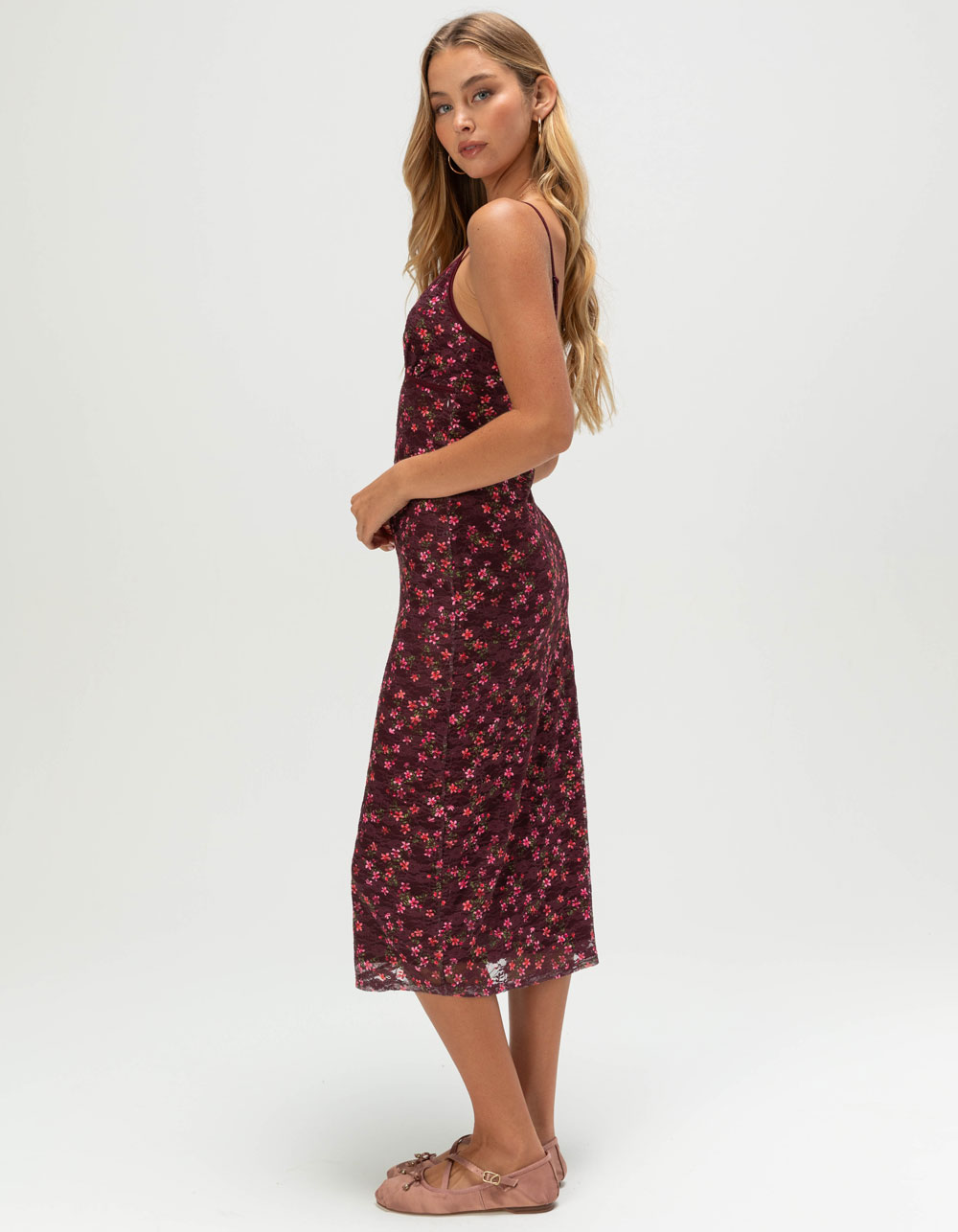 FULL TILT Printed Lace Womens Midi Dress - BURGUNDY