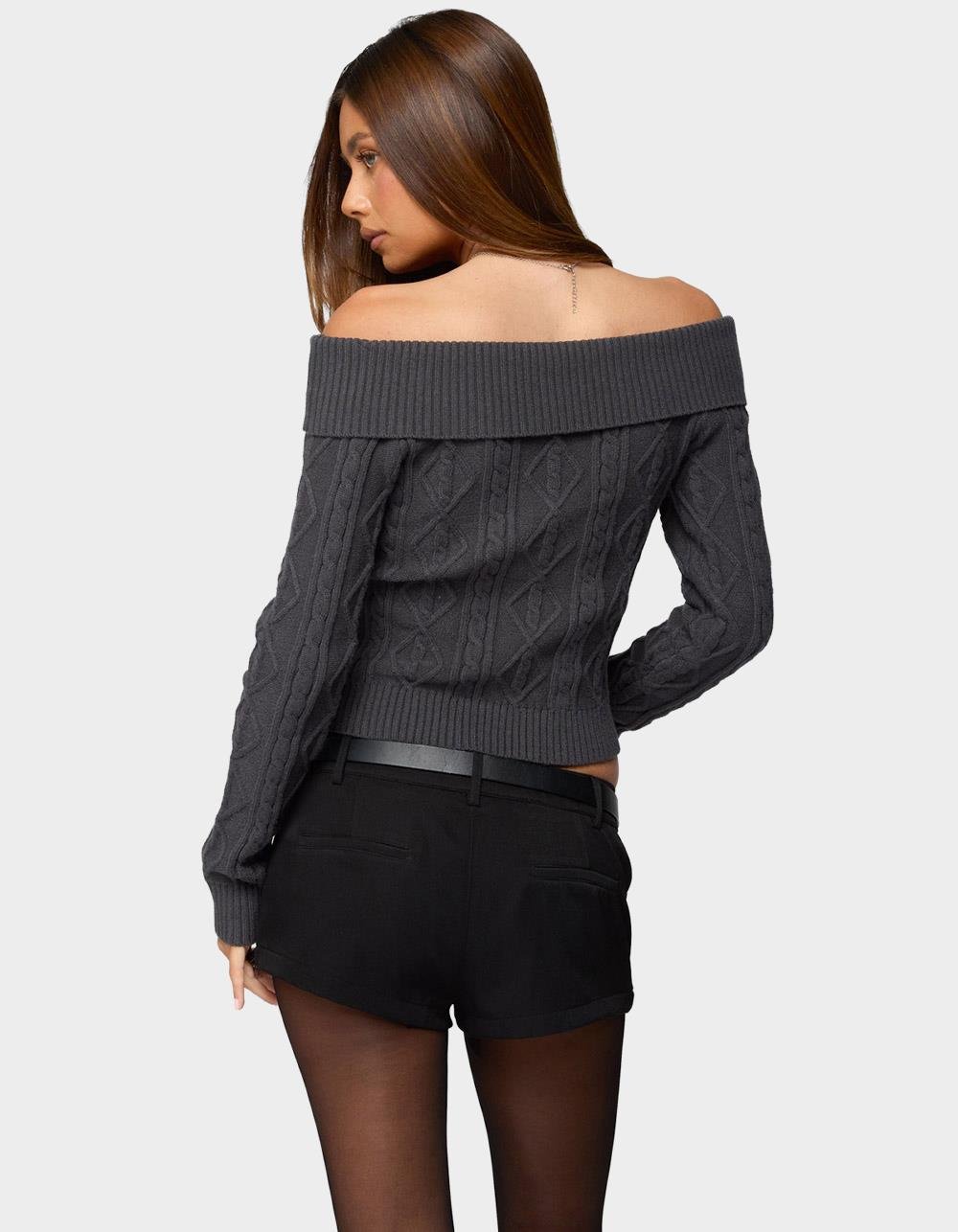 EDIKTED Leta Off Shoulder Cable Knit Sweater - GRAY