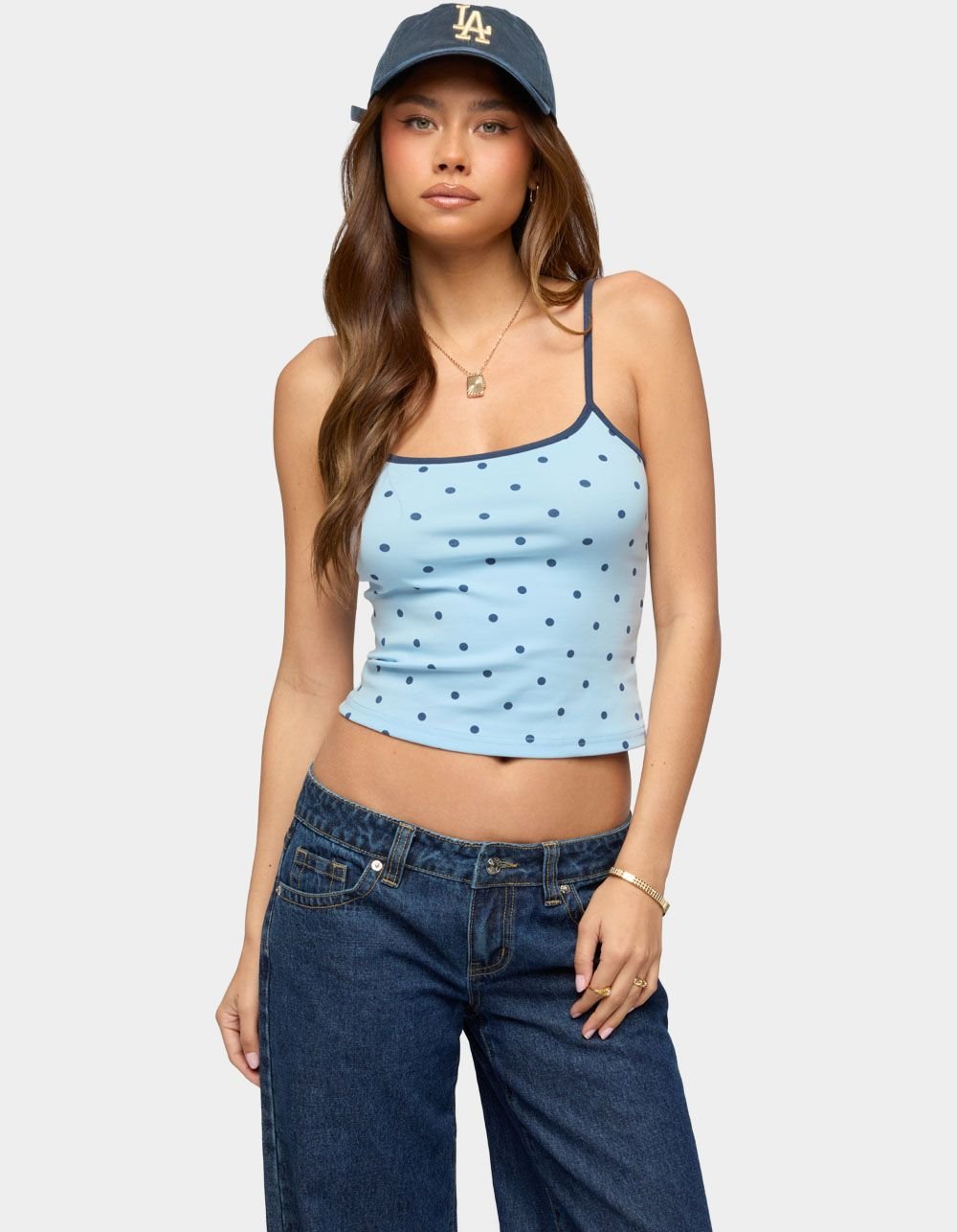 EDIKTED Carlah Contrast Polka Dot Tank Top - LIGHT BLUE