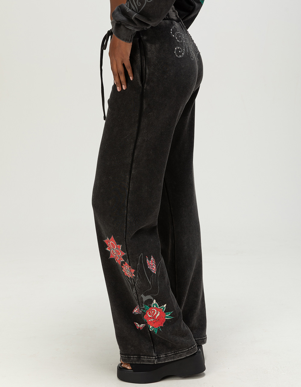 MISS ME Tattoo Womens Rhinestone Bootcut Sweatpants - WASHED BLACK