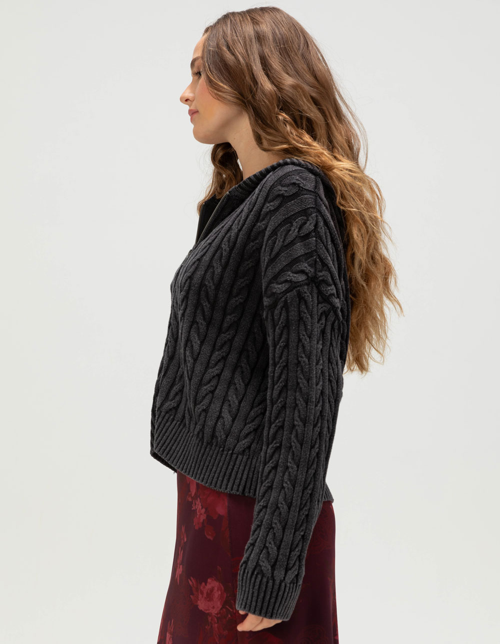 RSQ Womens Cable Knit Zip-Up Sweater - WASHED BLACK