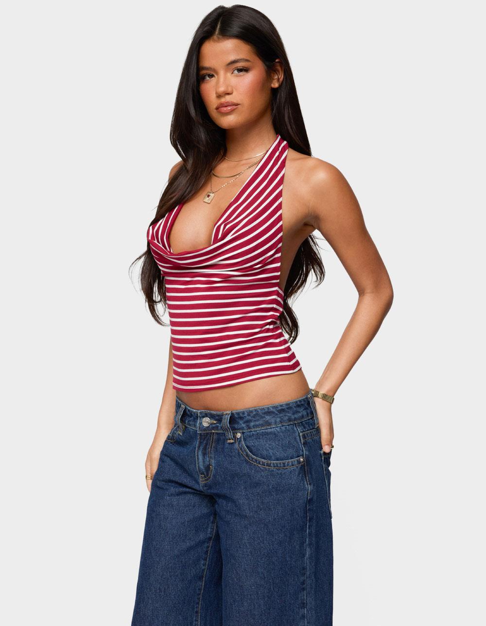 EDIKTED Striped Cowl Neck Halter Top - RED