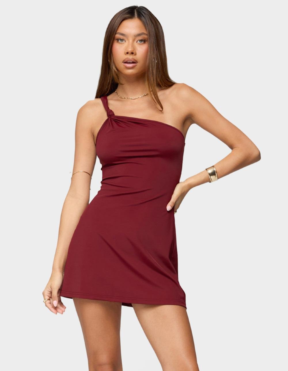 EDIKTED Saffey Knotted One Shoulder Mini Dress - DK RED