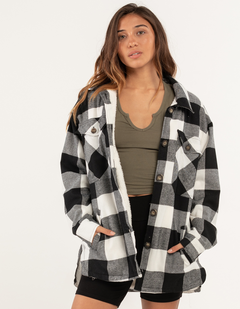 ASHLEY Womens Sherpa Lined Plaid Shacket - BLK/WHT | Tillys