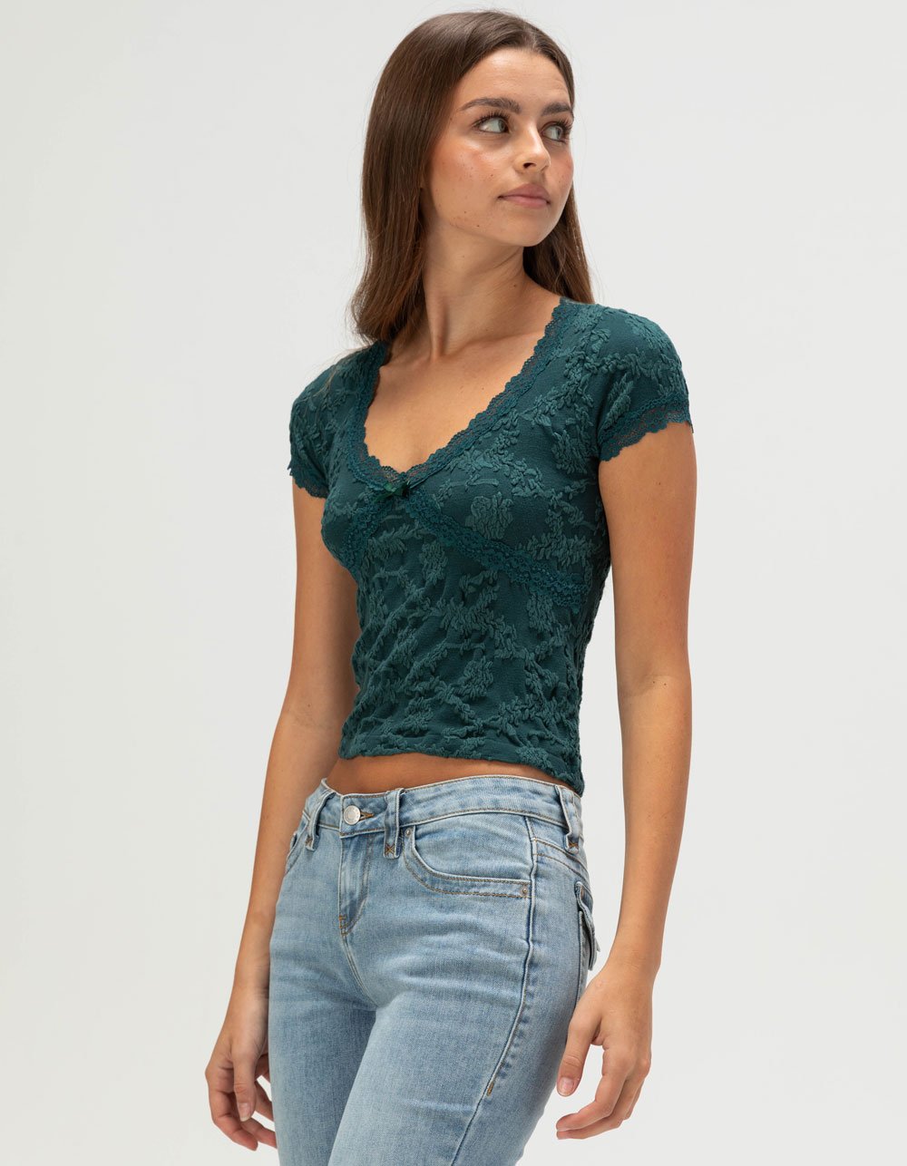 FULL TILT Texture Womens V-Neck Top - TEAL GREEN