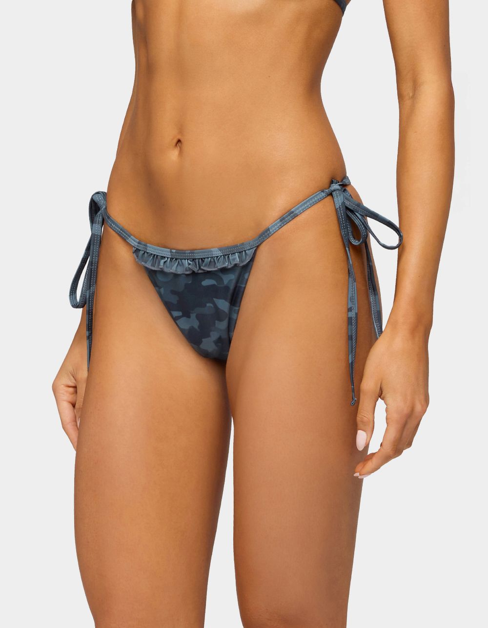 EDIKTED Aviah Ruffle Camo String Bikini Bottoms - CHARCOAL