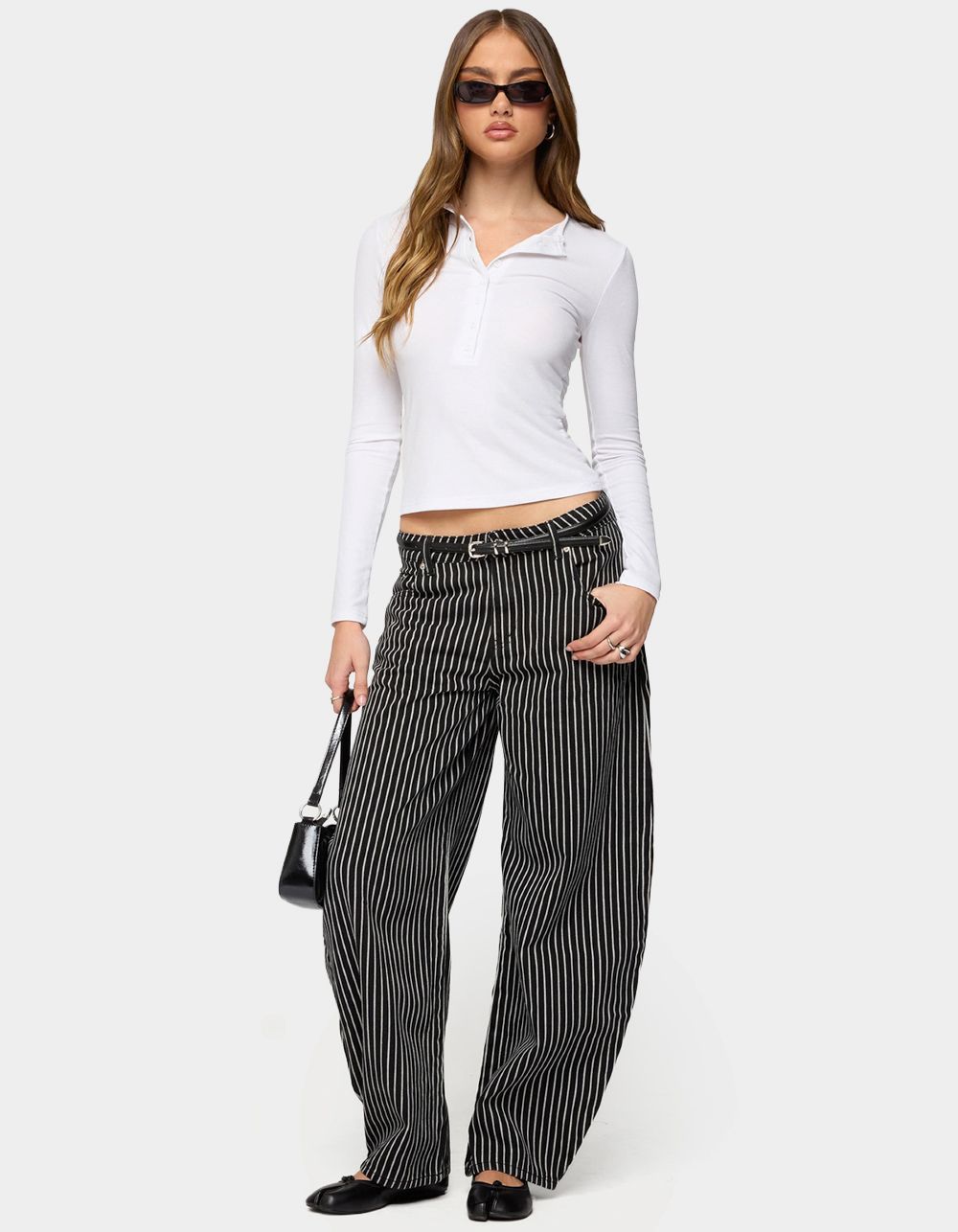 EDIKTED Jaelyn Ribbed Henley Tee - WHITE