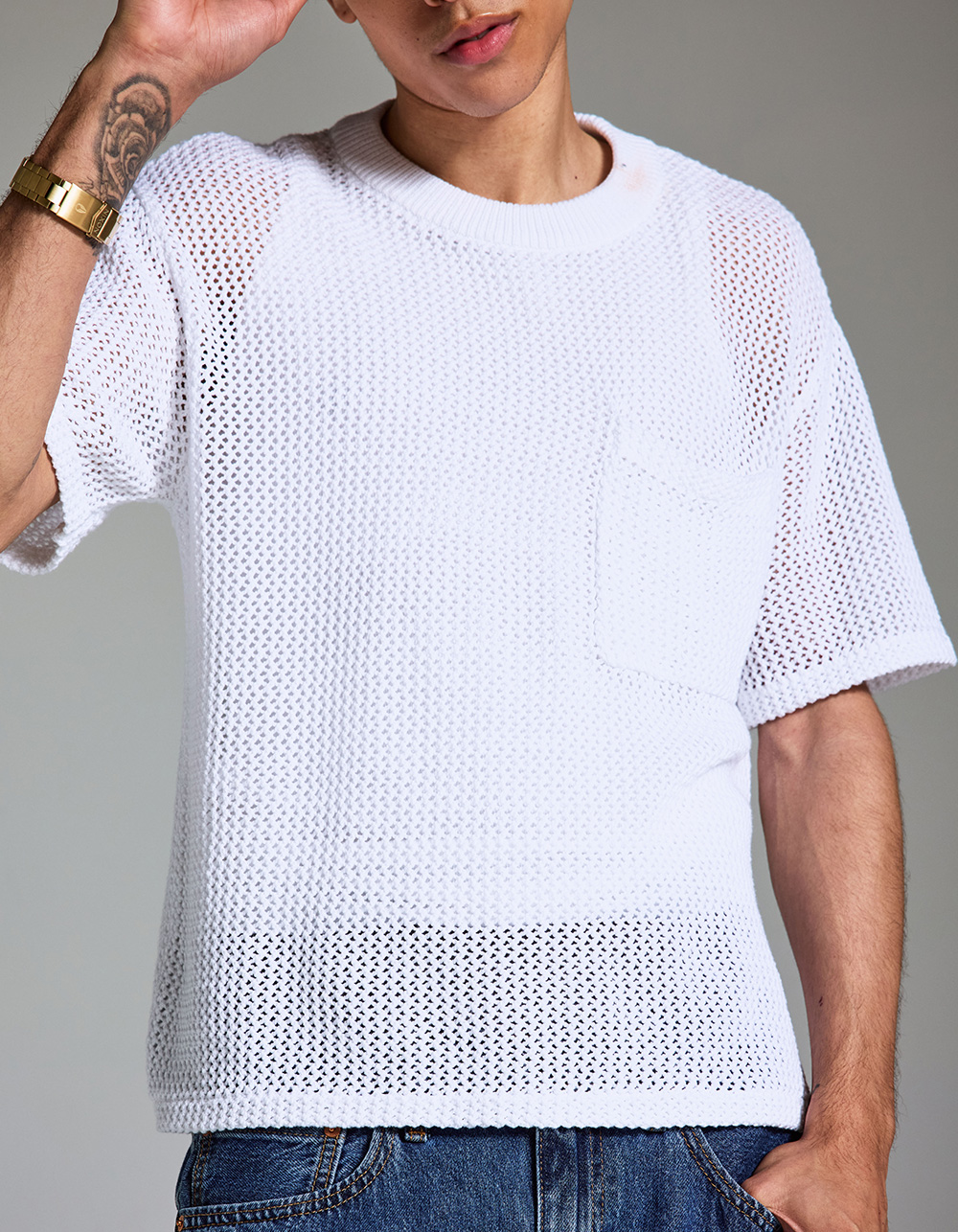 RSQ Mens Crochet Pocket Tee - WHITE