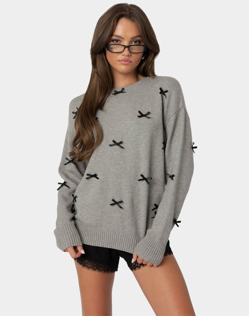 EDIKTED Satin Bow Oversized Sweater - GRAY