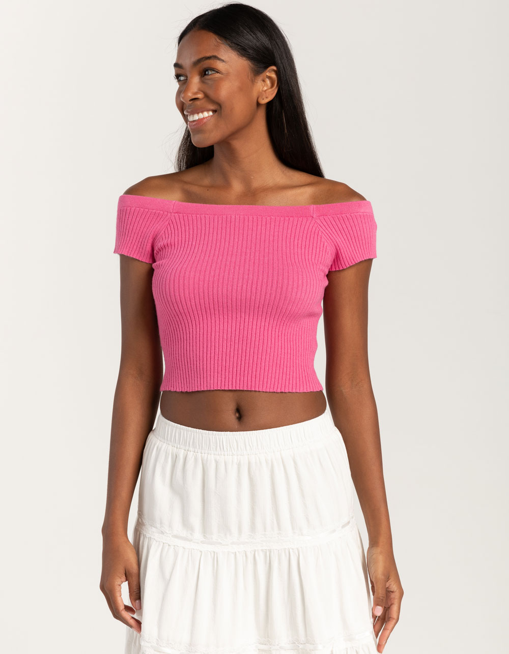 FULL TILT Off The Shoulder Rib Womens Top HOT PINK Tillys