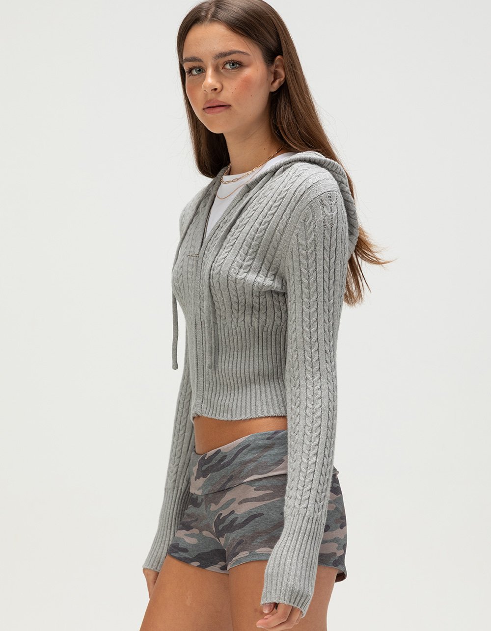 RSQ Womens Cable Knit Zip-Up Sweater - HEATHER GRAY