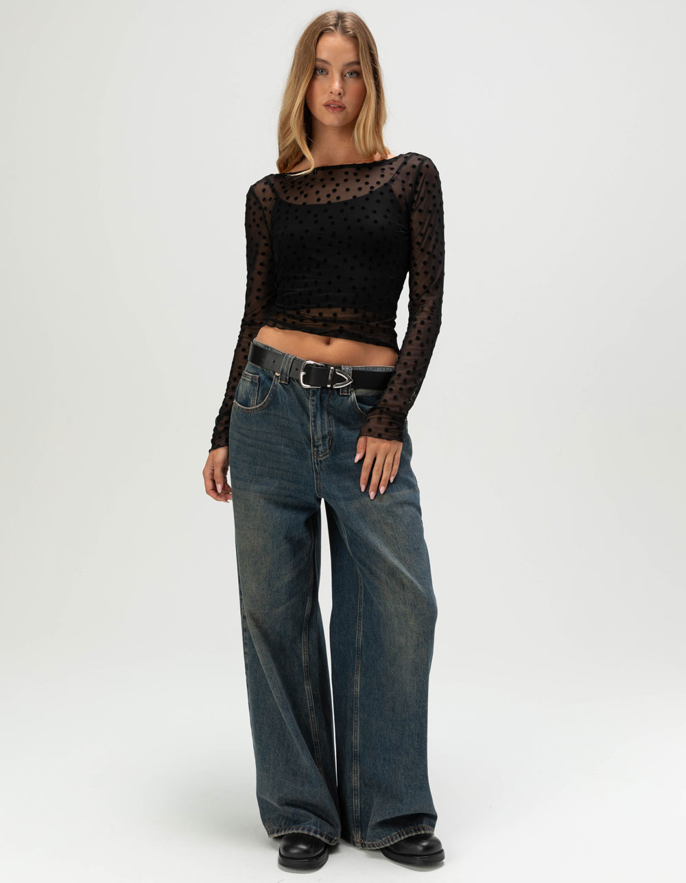 FULL TILT Flocked Dot Open Back Womens Long Sleeve Mesh Top - BLACK