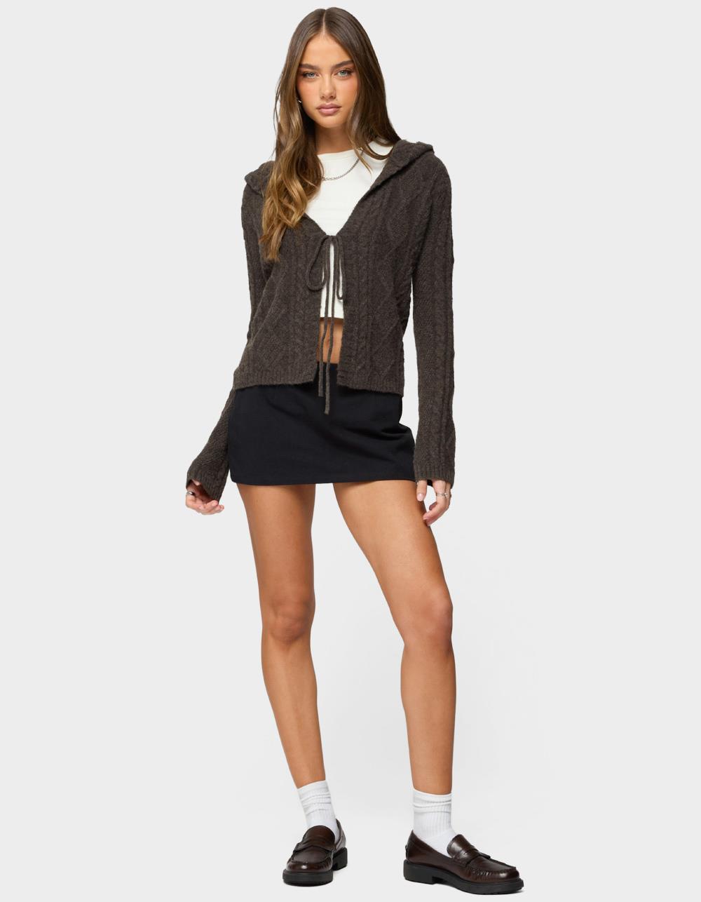 EDIKTED Jayla Hooded Cable Knit Cardigan - BROWN
