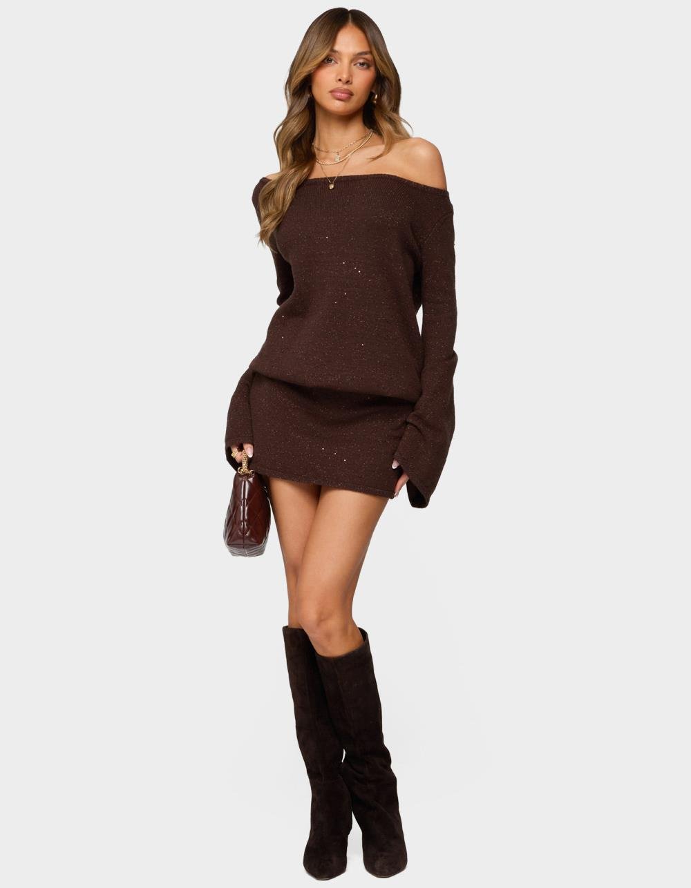 EDIKTED Off Shoulder Sequin Knit Mini Dress - BROWN
