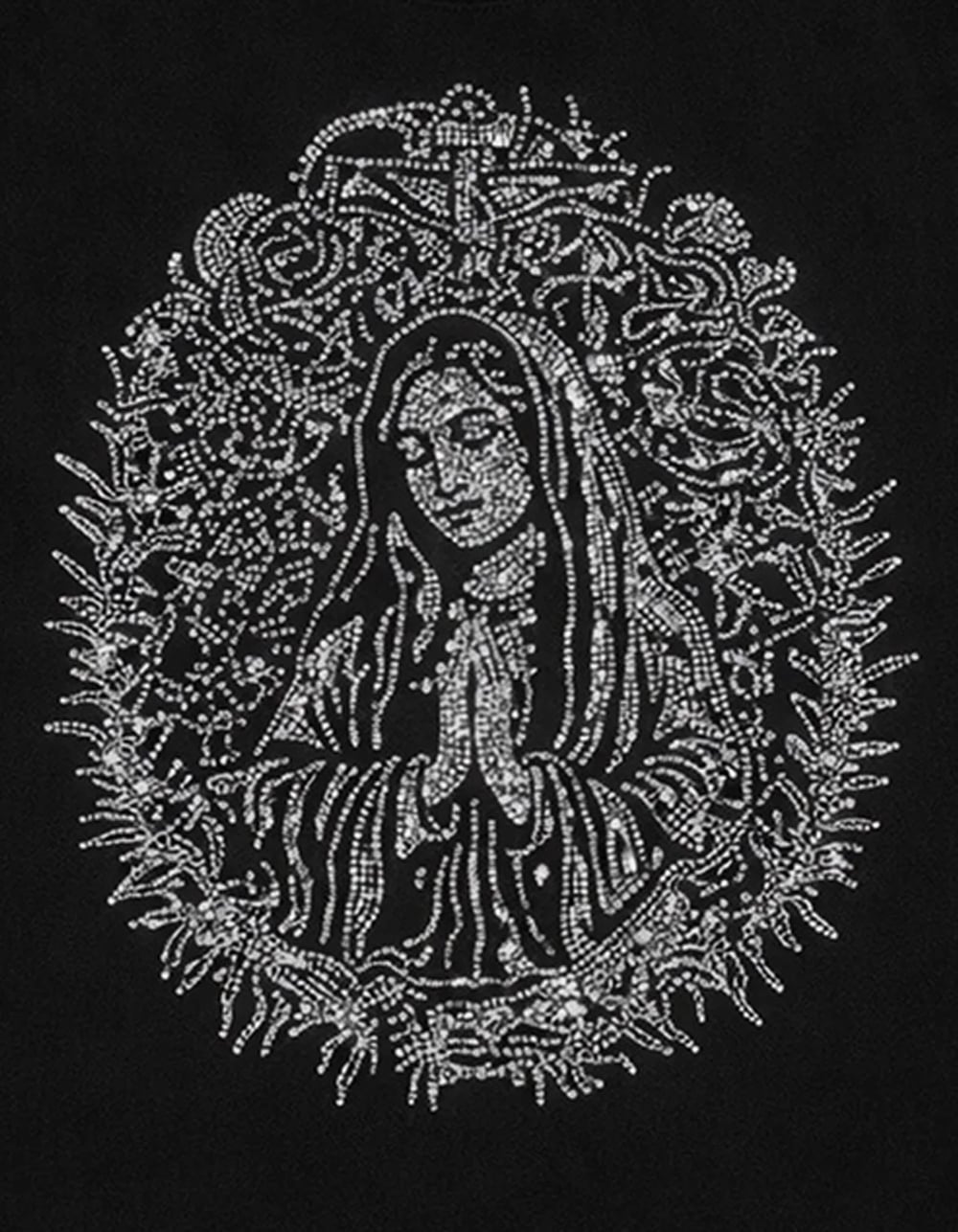LA FAMILIA Mother Mary Rhinestone Mens Heavyweight Boxy Tee - WASHED BLACK