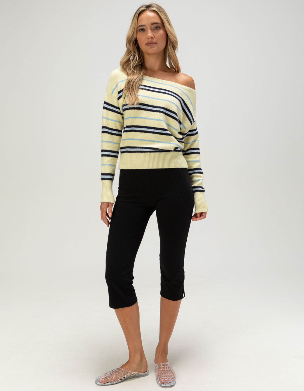 MADDEN GIRL Womens Off The Shoulder Stripe Sweater - YELLOW COMBO