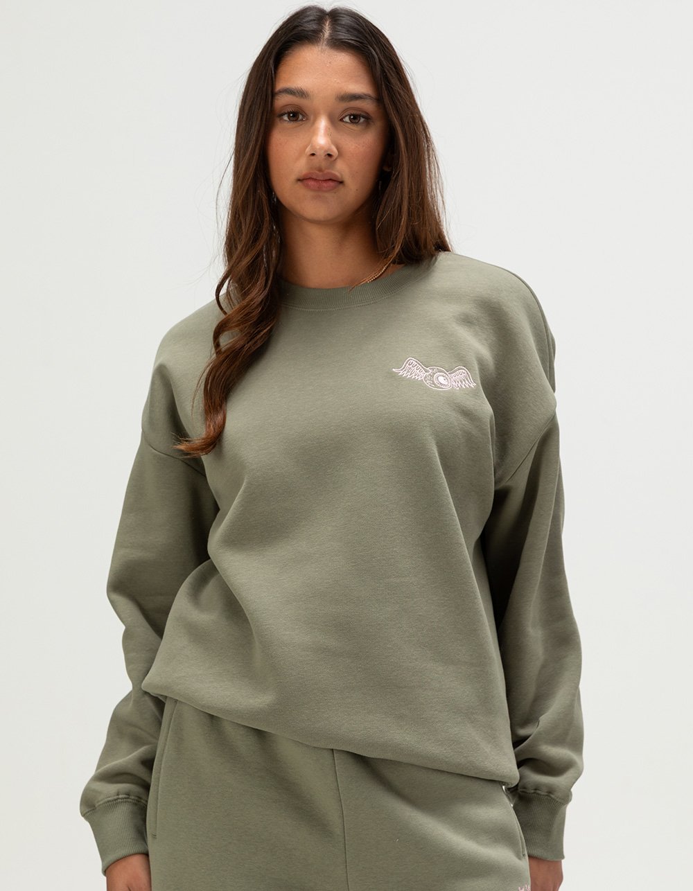 VON DUTCH Embroidered Womens Crewneck Sweatshirt - OLIVE