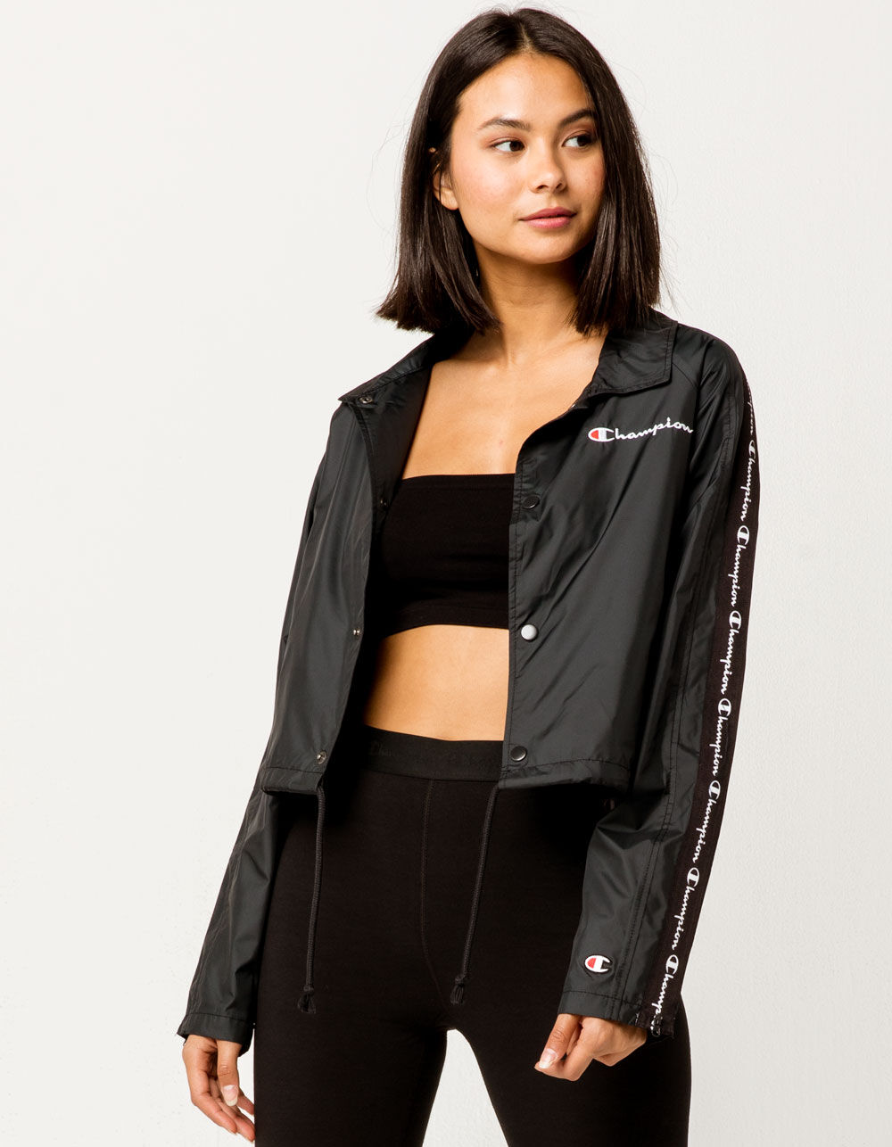 CHAMPION Zipper Tape Cropped Womens Coaches Jacket - BLACK | Tillys