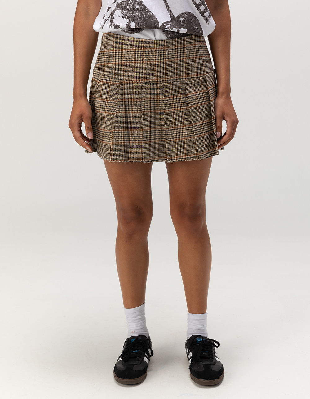 RSQ Womens Mid Rise Plaid Pleated Skirt - BROWN COMBO