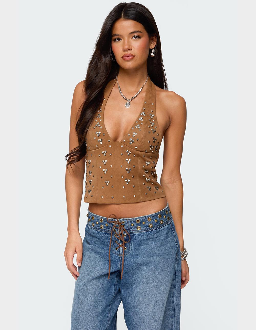 EDIKTED Xaria Studded Faux Suede Halter Top - BROWN