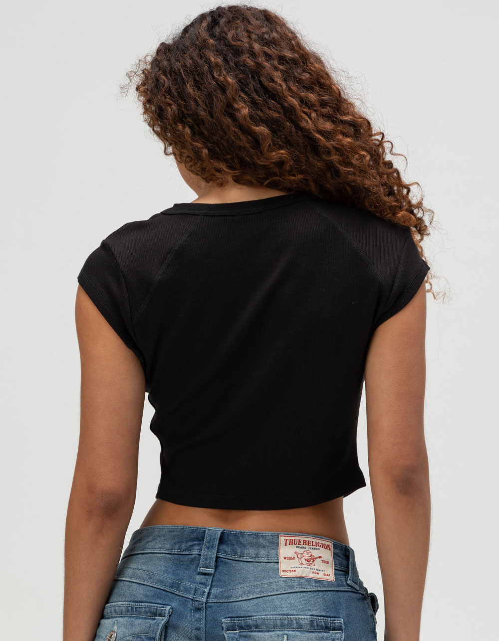 TRUE RELIGION Crystal Buddha Notch Womens Baby Tee - BLACK