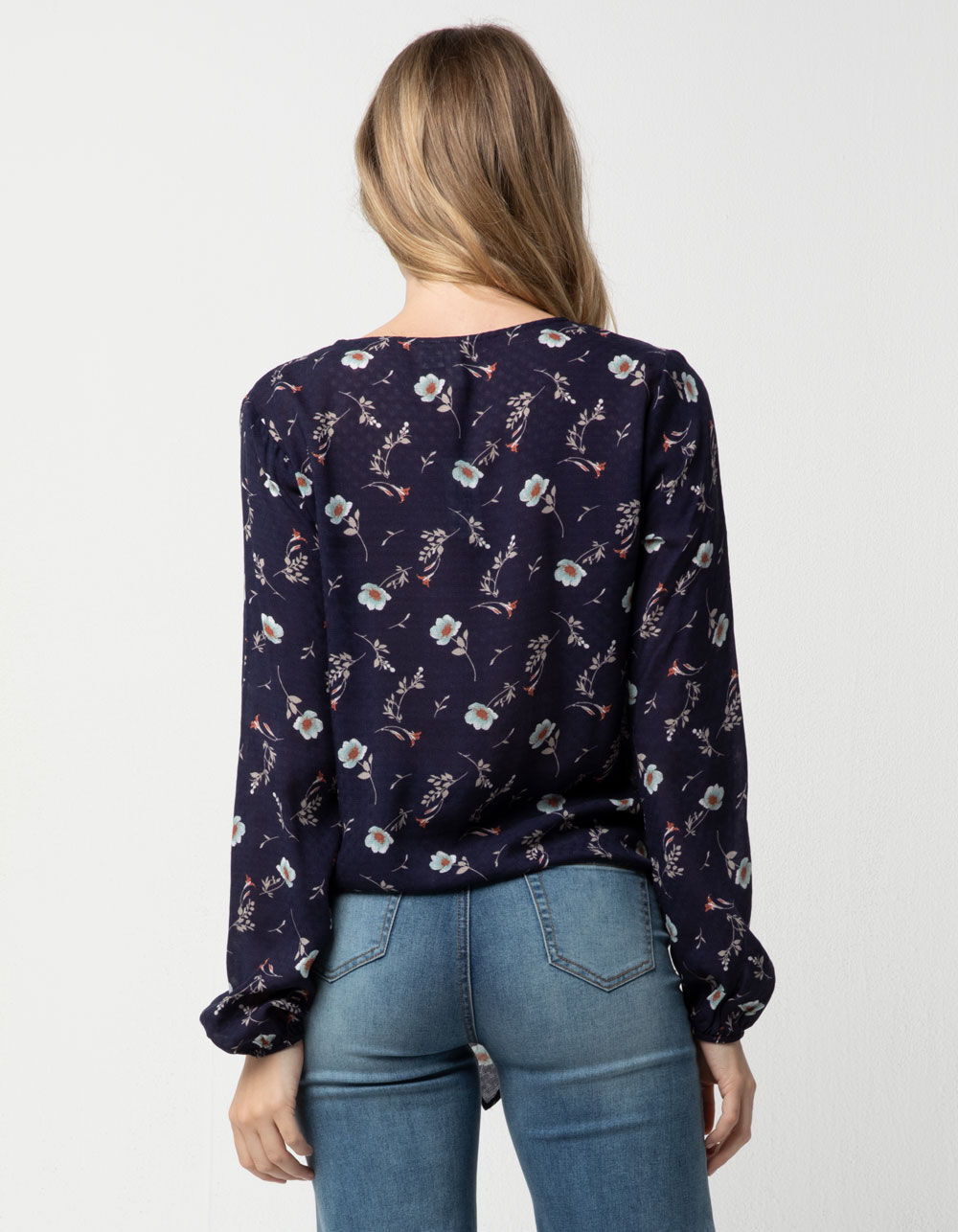 SKY AND SPARROW Button Front Floral Tie Front Womens Top - NAVY COMBO ...