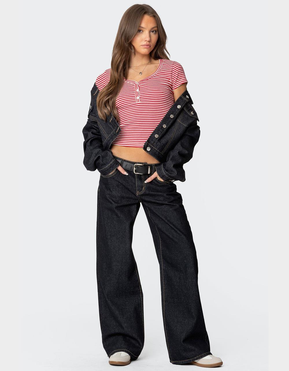 EDIKTED Kady Striped Henley Tee - RED