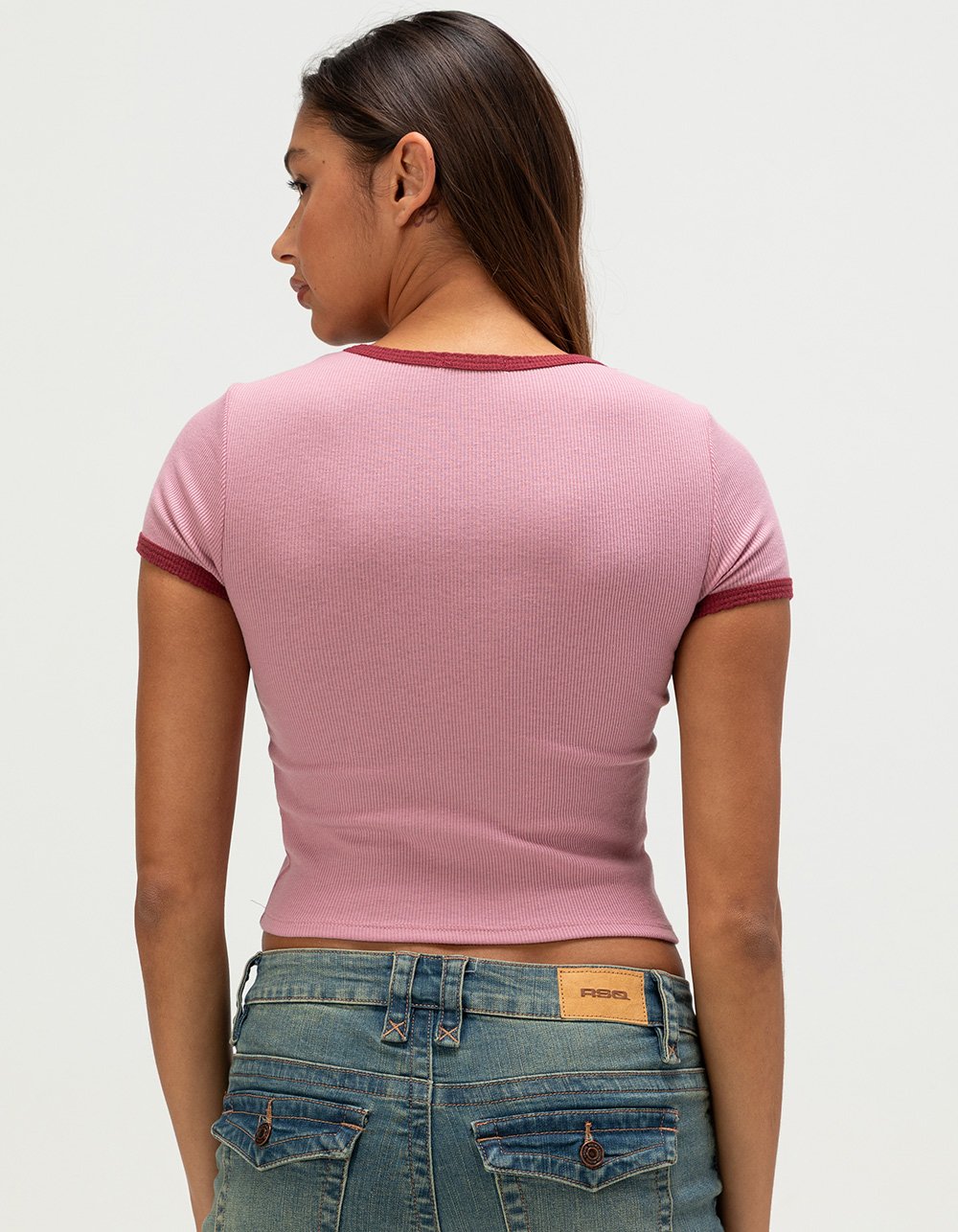 HEART & HIPS Womens Contrast Crewneck Tee - PINK COMBO