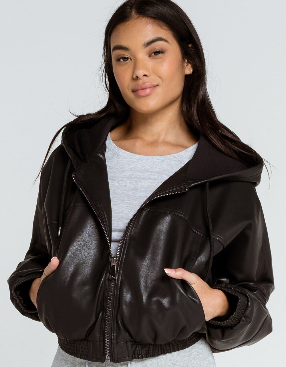 ASHLEY Vegan Leather Womens Hooded Bomber Jacket - BLACK | Tillys