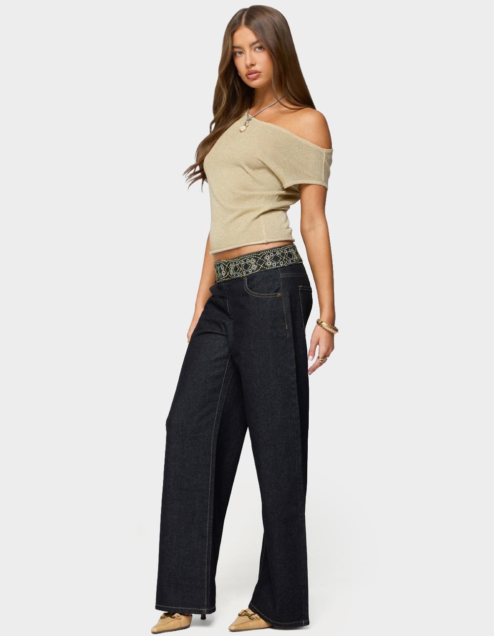 EDIKTED Carlie Embroidered Low Rise Wide Leg Jeans - DARK BLUE