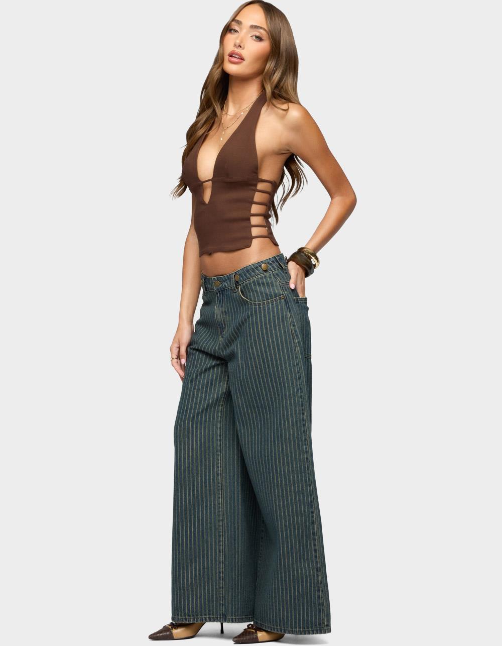 EDIKTED Button Pinstripe Low Rise Baggy Jeans - BLUE