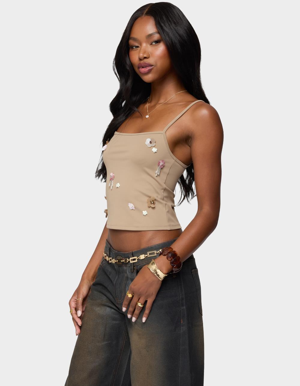 EDIKTED Malia Flower Applique Tank Top - BROWN