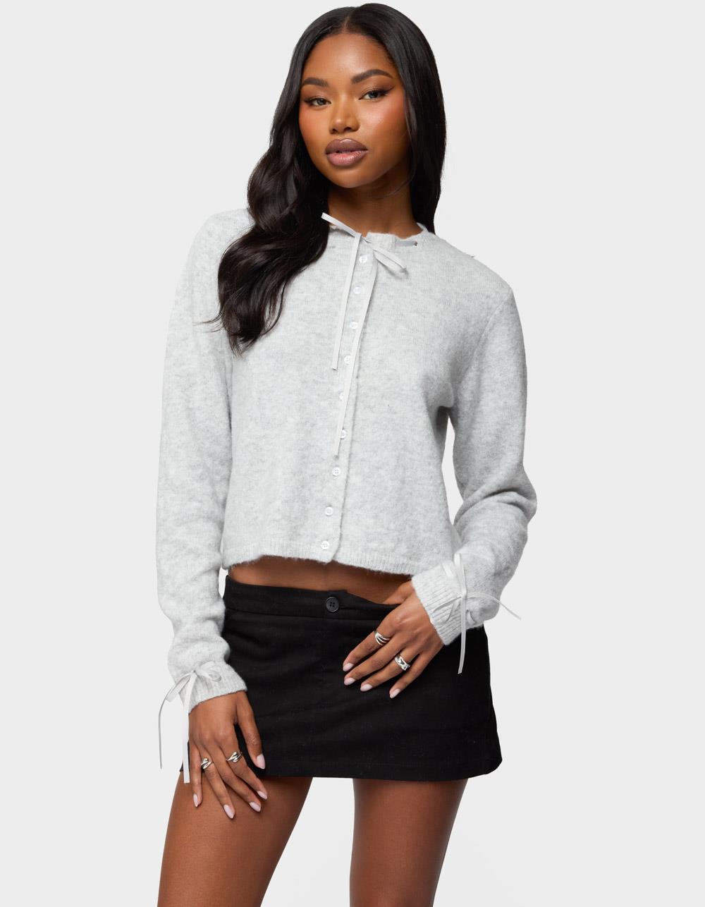 EDIKTED Vickie Ribbon Knit Cardigan - GRAY