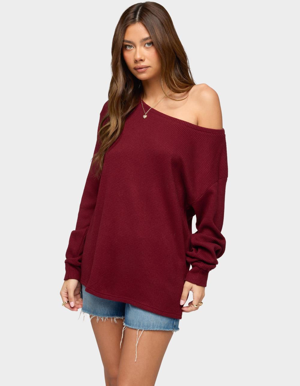 EDIKTED Damari Off Shoulder Oversized Waffle Top