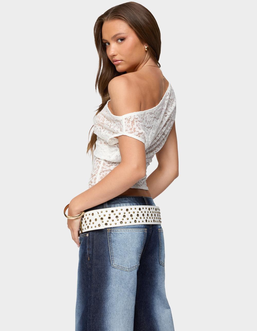 EDIKTED Kessa Sheer Lace Off Shoulder Top - WHITE