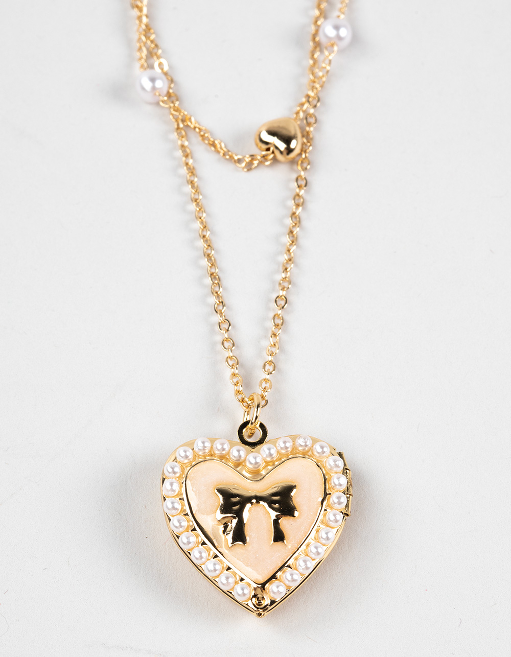 FULL TILT Layered Pearl/Bow Locket Necklace - GOLD