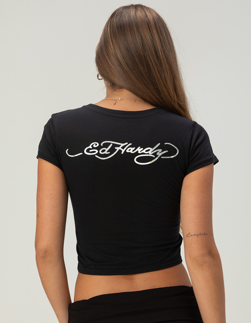 ED HARDY Sacred Heart Wing Womens Rhinestone Baby Tee - BLACK