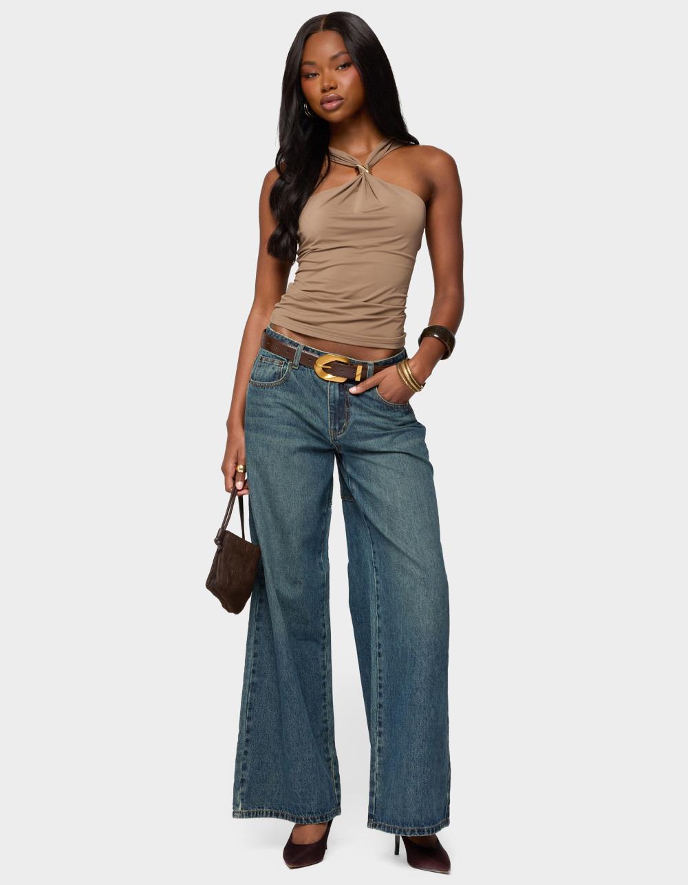 EDIKTED Cielle Wide Strap Gathered Top - BROWN