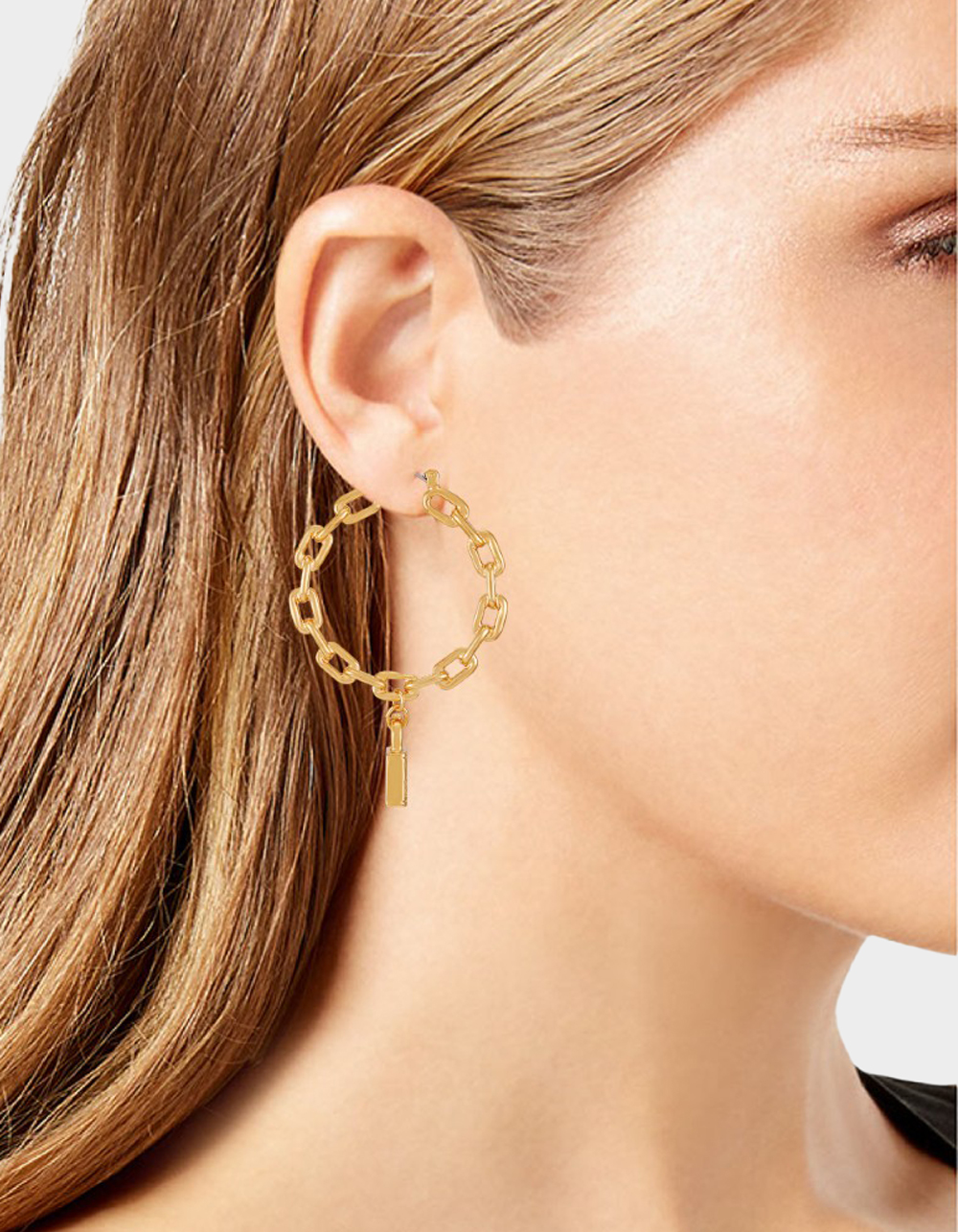TRUE RELIGION Chain Padlock Charm Hoop Earrings - GOLD