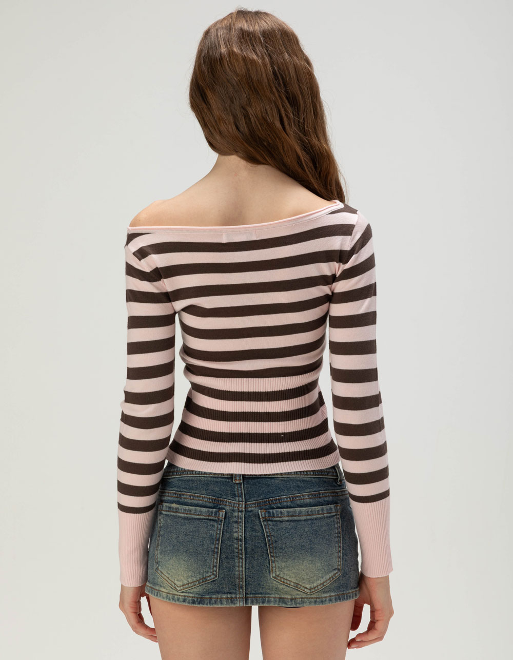RSQ Womens Off The Shoulder Stripe Sweater - PINK/BROWN