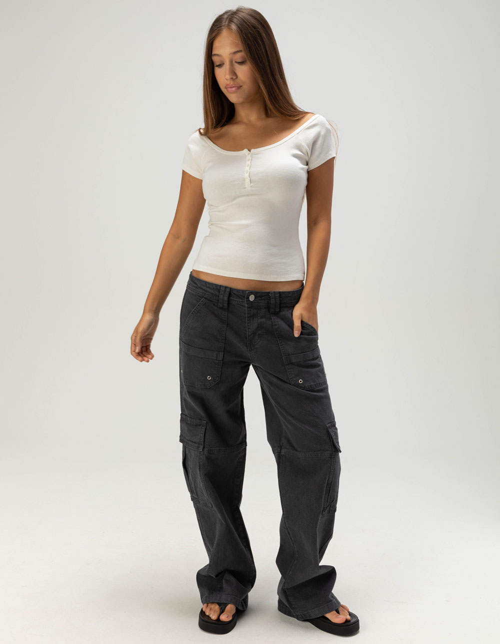 FULL TILT Womens Off The Shoulder Henley Top