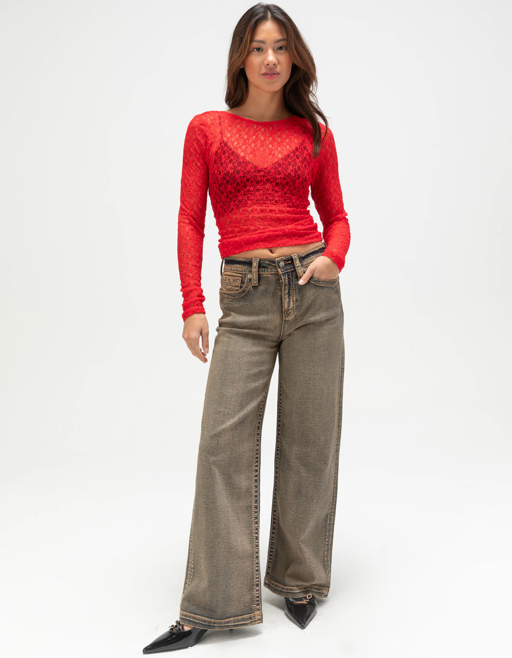 JJXX Leah Womens Long Sleeve Lace Top - RED