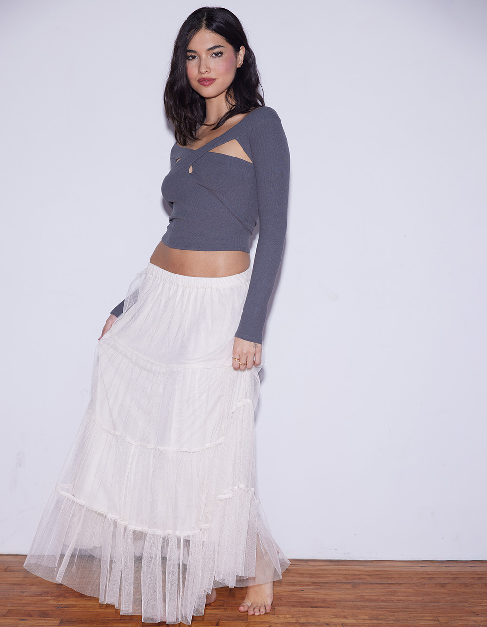 WEST OF MELROSE Off The Shoulder Cut Out Womens Top - CHARCOAL