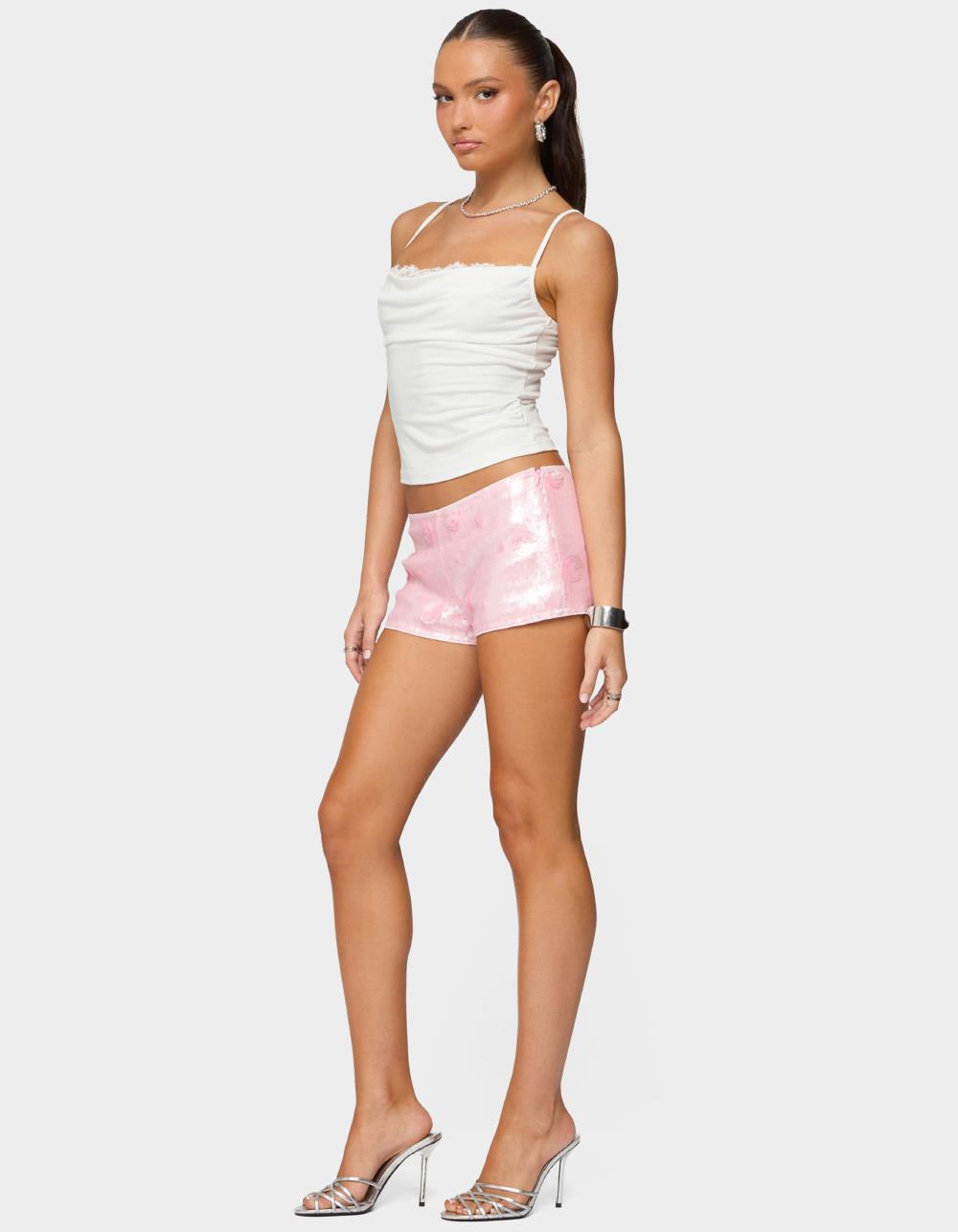 EDIKTED Lizzie Flower Sequin Micro Shorts - PINK