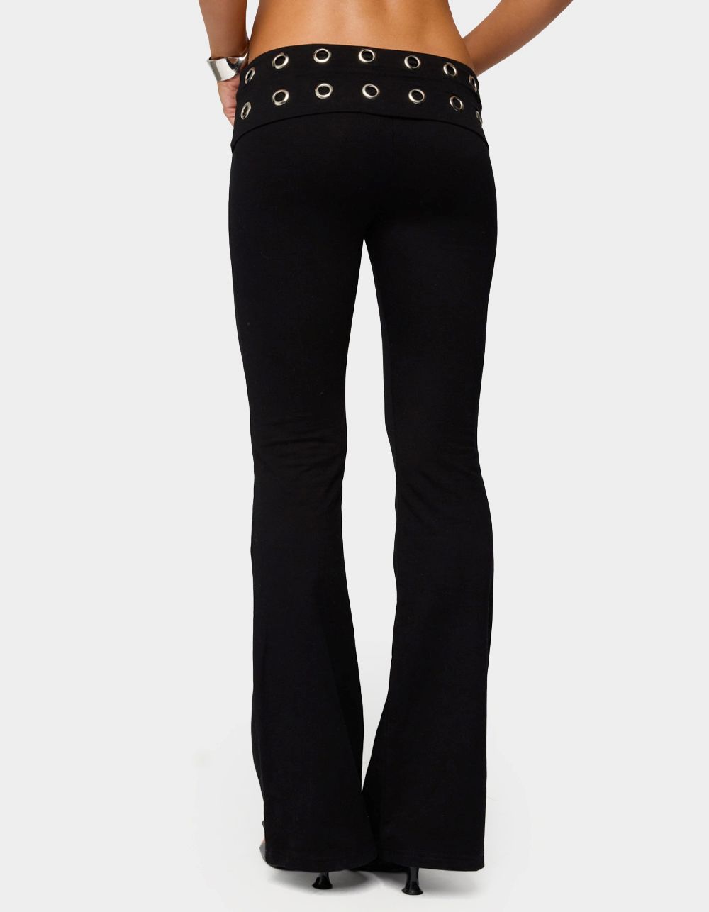 EDIKTED Nairobi Grommet Foldover Flared Leggings - BLACK