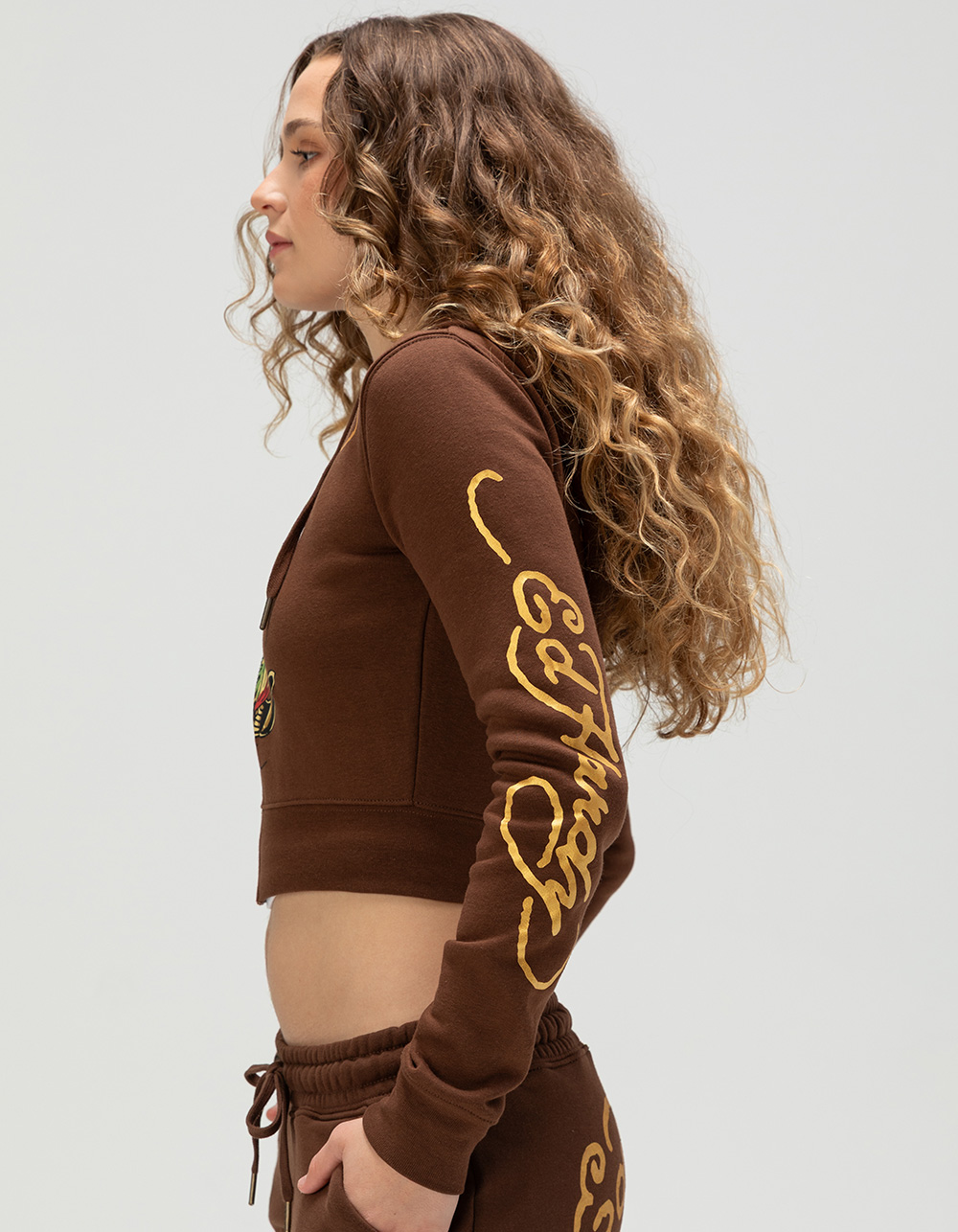 ED HARDY Koi Fish Womens Zip-Up Crop Hoodie - BROWN